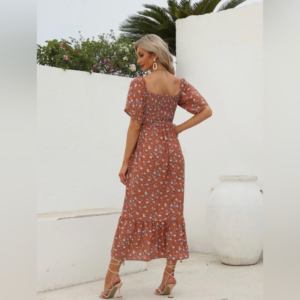 Floral Smocked Maxi Dress - Rust - Picture 2 of 4
